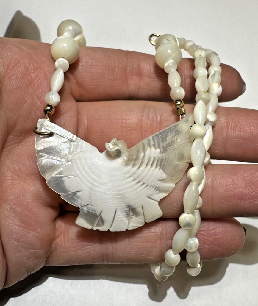 White Mother of Pearl MOP Carved shell Dove Bird Pendant Vintage