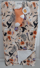 Modern Kids Halloween Fleece Blanket Witches Hats Brooms Webs 48" x 58"  Socks