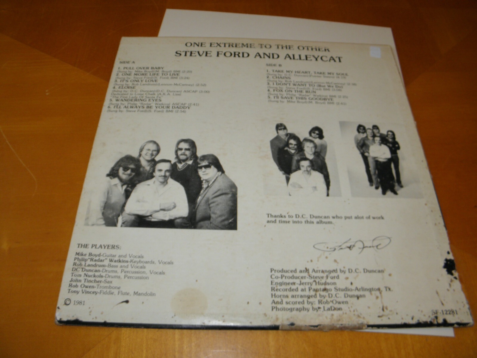 1981 Steve Ford and Alleycat LP Private Label Signed 4 Band Members GD+/VG
