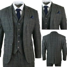 British Style Men's Suits Grey 3 Piece Check Tweed Wedding Groom Tuxedos Custom