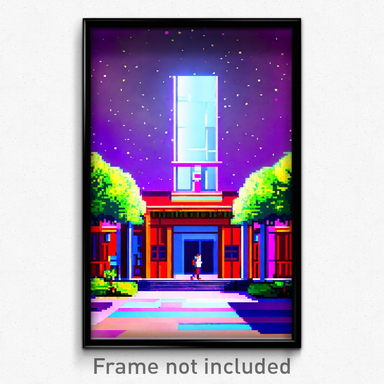 Pixel Art Poster - Blissful Campus (8 Bit Psychedelic Trippy Video Game Print)