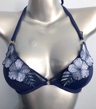 PINK Victoria's Secret Nwt Ink Blue Appliqu  Embroidered Push Up Bikini Top S