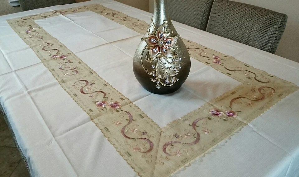 Mantel de encaje bordado con estrás rosa 72x144" servilleta boda fiesta banquete Foto 3 de 4