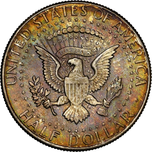 1964 50C Kennedy Silver Half Dollar NGC MS64 Rainbow Toned Reverse Color Toning