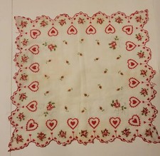 Vintage Hankie Handkerchief Scarlett Red Hearts Love Valentine Scalloped Dainty