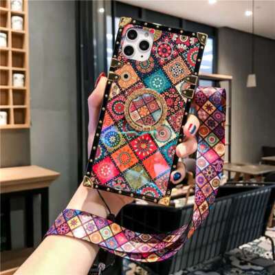 Luxus Blu-ray Blume Muster Square Phone Case Cover für iPhone 13 11 XR 7 8 12