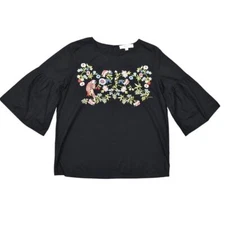 LOFT Women's Black Cotton Blouse Size S Preowned Short Flared Sleeve Embroidered