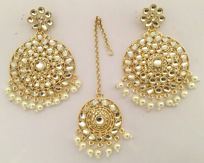 Set of 2 India Wedding Jewelry Maang Tikka Kundan Tikka Pearl Earring Set Tikka Teeka Bollywood Maang  main image 2