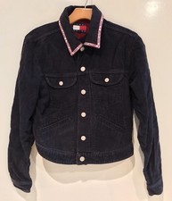 Vtg 90s Tommy Hilfiger Banner Jeans Big Logo Corduroy Button Jacket Women Medium