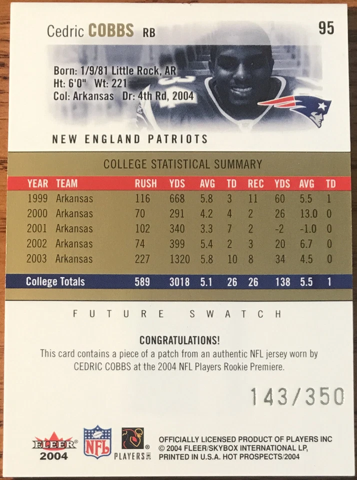 2004 Fleer Hot Prospects Rookie Jersey Cedric Cobbs #95 #’d 143/350 - Image 2 of 2