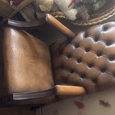 Brown Tufted Leather Armchair, Padded Seat, Dark Wood Frame & Arms