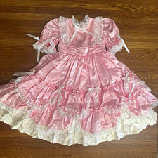 Vtg Handmade Pink Satin Lace Ruffle Dress 5/6 Pageant bow cupcake coquette