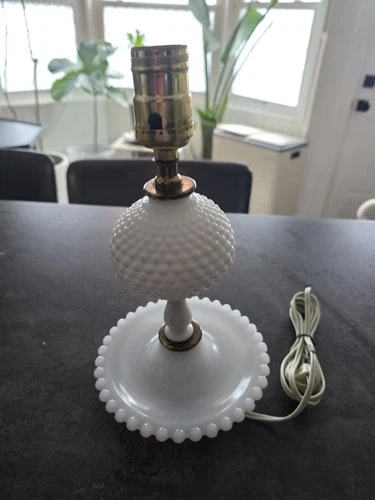 Vintage 1950's Milk Glass Hobnail Table Lamp, T & W Working