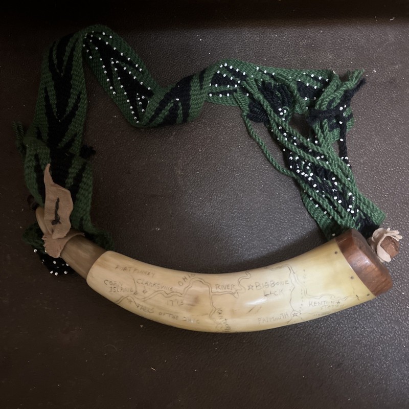 Vintage Scrimshaw Carved Powder Horn Signed Folk Art Kentucky History Map