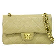 CHANEL CC Matelasse Leather Chain Shoulder Bag Double Flap Beige Gold