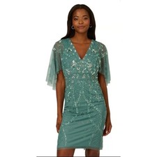 Adrianna Papell Womens Beaded Cape Sleeve Sheath Dress Sz 2 Glam Event Wedding