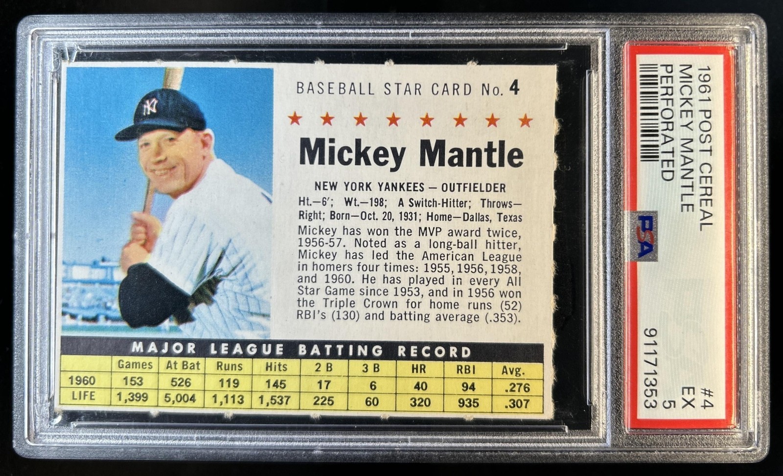 1961 Post Mickey Mantle #4 New York Yankees PSA 5