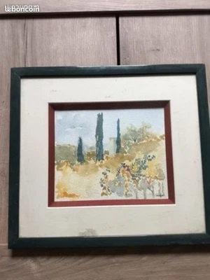 Aquarelle originale signée - Paysage aux arbres, encadrée sous verre 40 x 36 cm - Photo 1/2