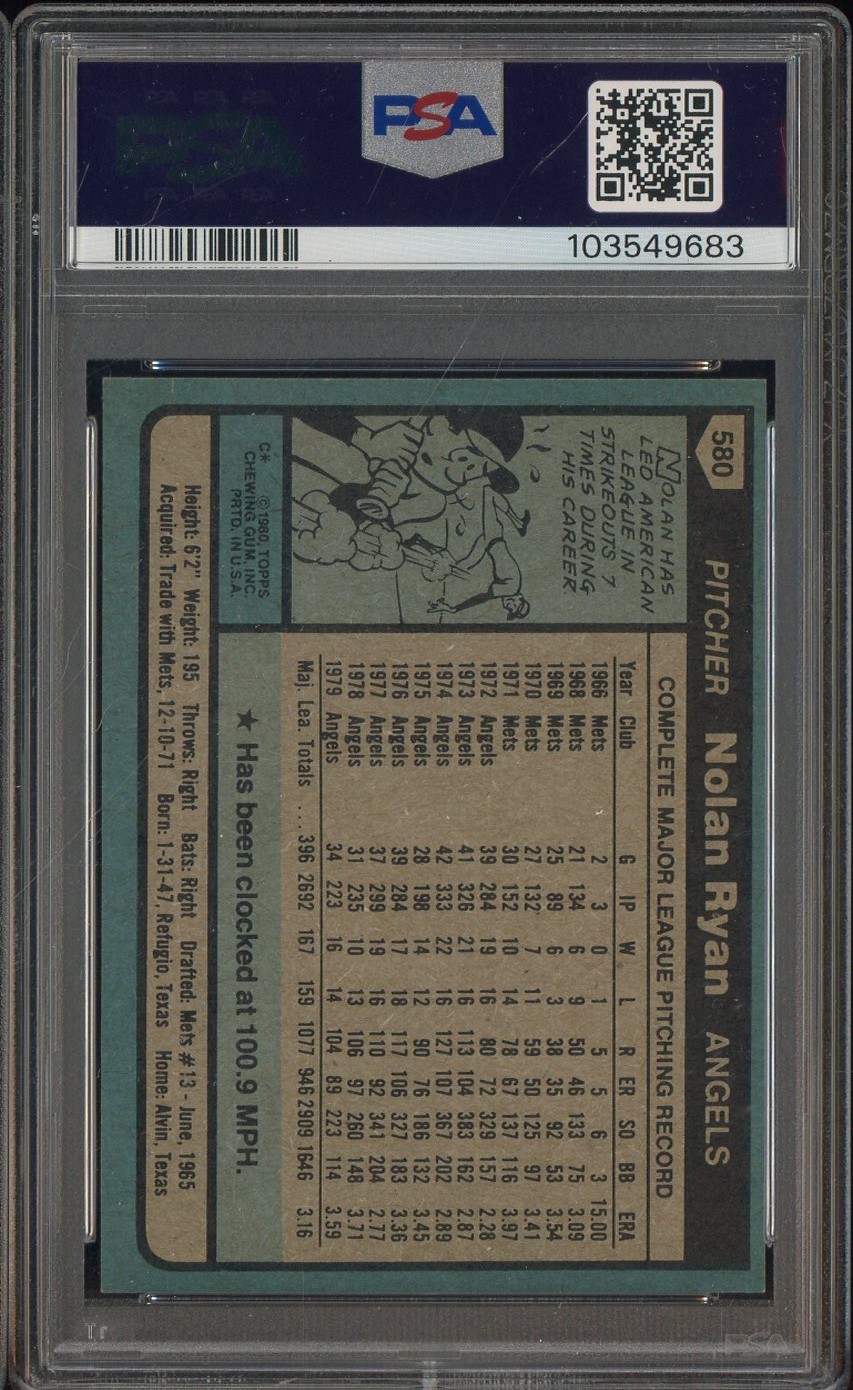 1980 Topps #580 Nolan Ryan Angels HOF PSA 8 NM-MT view 2
