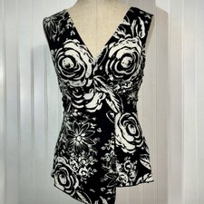Susan Lawrence PL Black White Floral Rose V-Neck Faux Wrap Top Blouse L Y2K VTG