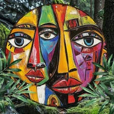 2D Flat,1pc 7.87x7.87 Inch Round Aluminum Wall Art - Abstract African Face Desig