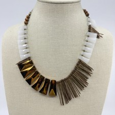 Bronze Tone  White  Geometric Bead Fringe Bib Necklace Boho Statement Jewelry