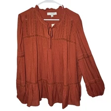 LOFT Plus Rusty Orange Lightweight Peasant Top Long Sleeve Front Tie 20 NWT