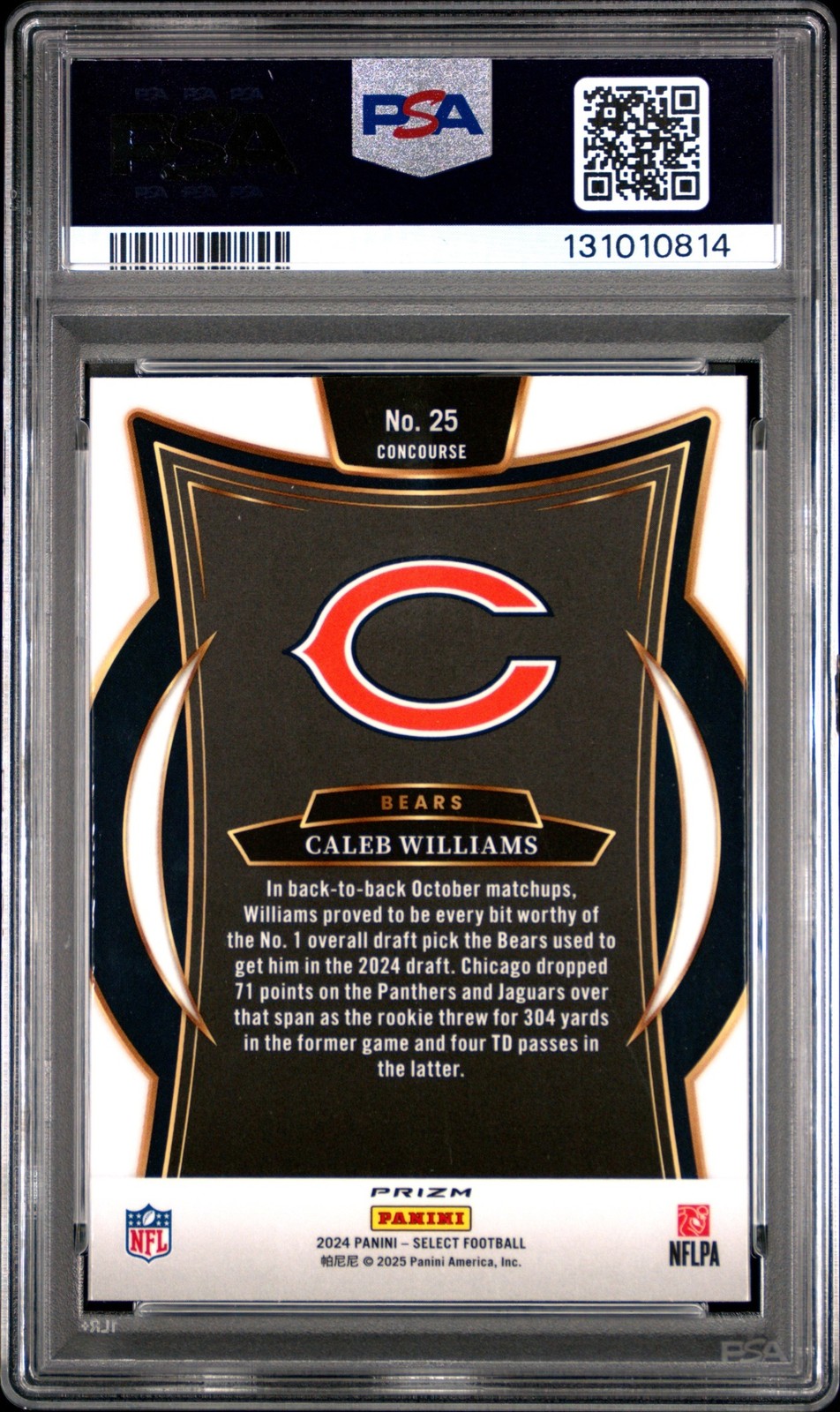 2024 Panini Select Caleb Williams #25 Rookie Black Orange Prizm Shock RC PSA 9 view 2