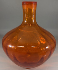 Blenko Orange Handblown Optic Ribbed Art Glass Decanter Missing Top, 8x7