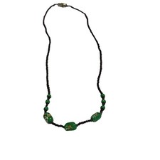 14" Green Floral Glass Bead Necklace Millefiori Style Burgundy Vintage