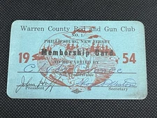 VINTAGE 1954 NEW JERSEY “WARREN COUNTY ROD AND GUN CLUB” Membership Card