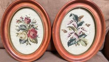 Pair of Vintage Framed Oval Needlepoint Pictures Flowers Roses Cottagecore