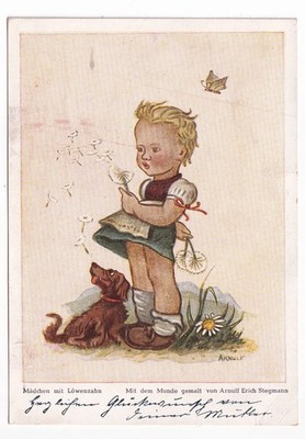 Mundmaler, A. E. Stegmann, Mädchen mit Löwenzahn, farbig, signiert, ungelaufen