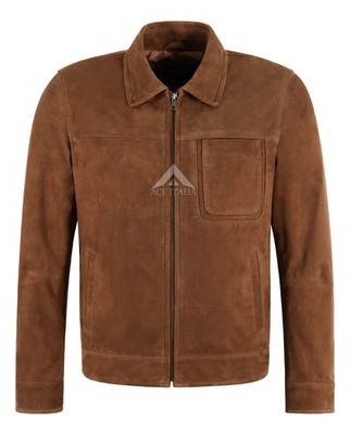Herren Echt Ziegenveloursleder Lederjacke Hellbraun Klassischer Kragen Stil Reißverschluss Jacke