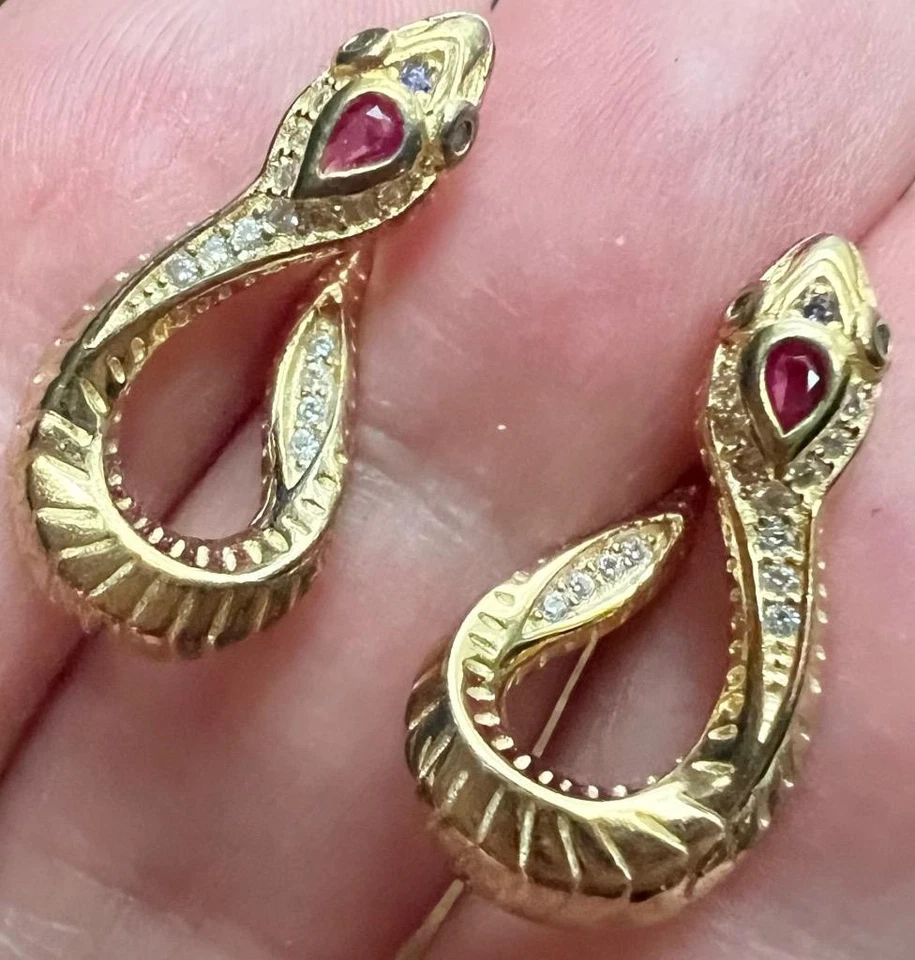 Snake Earrings 14K Gold on Solid 925 REAL Genuine Ruby Diamond Emerald - Image 2 of 4