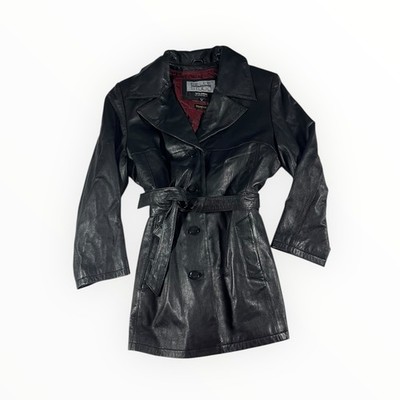 Pelle Studio Wilson's Leather Black Trench Coat Belted Quilted Lining Women XL