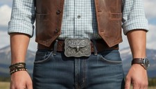 Men Buckle Silver Metal Bull Square Western Cowboy Casual Texas Long Horn Cow TX