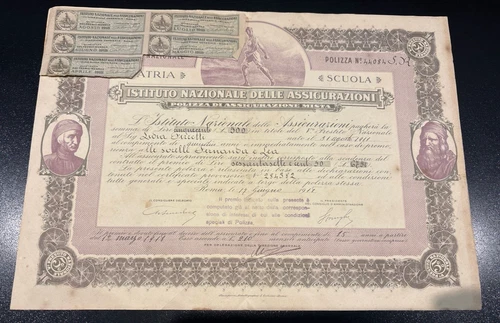 Insurance policy INA 1918 lire 500; original tax stamps