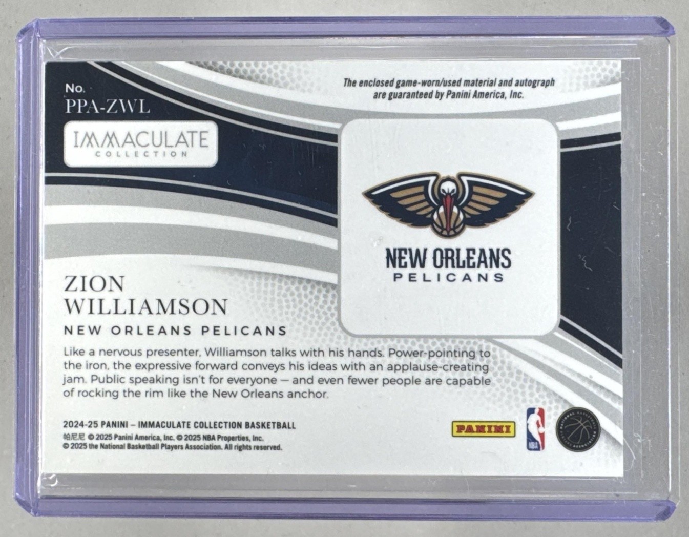 Zion Williamson 2024 Panini Immaculate Platinum Premium GU Nike Patch Auto 1/1 view 2