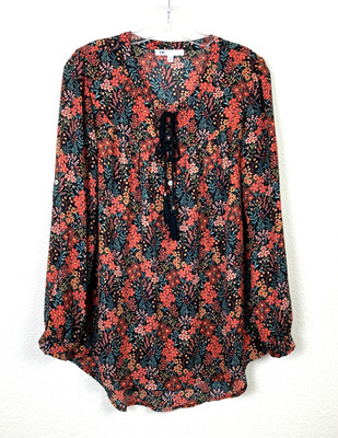 DR2 Popover Peasant Tunic Blouse Women's Size M Dark Floral Boho CottageCore