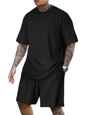Mens Casual 2 Piece Outfits-Short Sleeve Athletic Set Oversize T-Shirts Draws...
