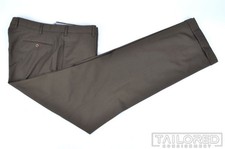 INCOTEX Solid Olive Brown Wool Mens Luxury Flat Front Pants Trousers - 36