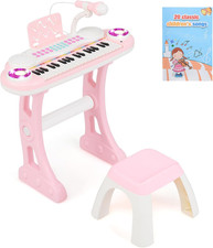 Pink 37-Key Kids Piano Set with Microphone, Stand, Bench  Lights - Gift for Kid