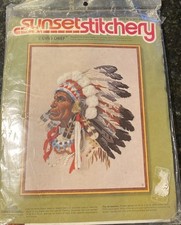 1977 Sunset Stitchery Indian Chief Embroidery Kit 22 Violet 16x20 A1