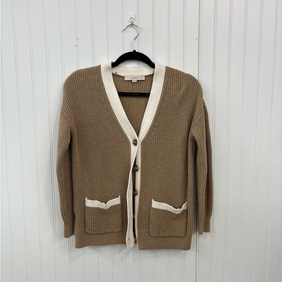 LOFT Tan and Cream color block Button-Front pocket knit Cardigan | eBay