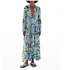 FARM Rio Off White Macaw Flight Maxi Dress Long Sleeve V Neck Women's Small New