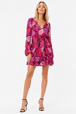 MINKPINK Size S Fuchsia & Magenta Floral V-Neck Tiered Mini Cocktail Dress