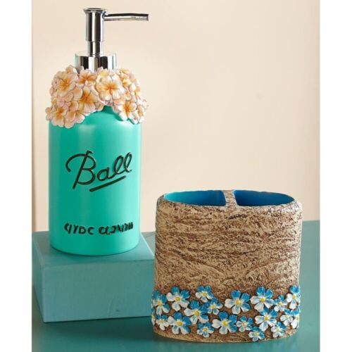Ball Mason Jar Soap Dispenser Toothbrush Holder Blue Pink Flowers Ceramic NEW