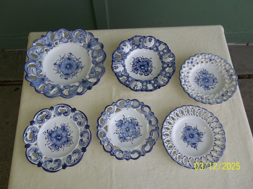 Lote de 6 Platos Cerámicos Vintage Portugal Reticulados Pintados a Mano AZUL Y BLANCO