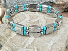 Silver Magnetic Hematite Bracelet Anklet w Chalk Turquoise 2 row USA Handmade